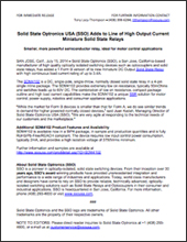 Solid State Optronics USA (SSO) Adds to Line of High Output Current Miniature Solid State Relays