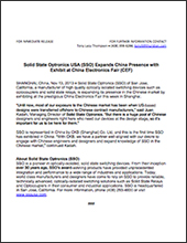 Solid State Optronics USA (SSO) Expands China Presence with Exhibit at China Electronics Fair (CEF)